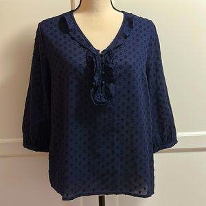 Talbots Navy Swiss Dot V-Ruffle Neck Blouse